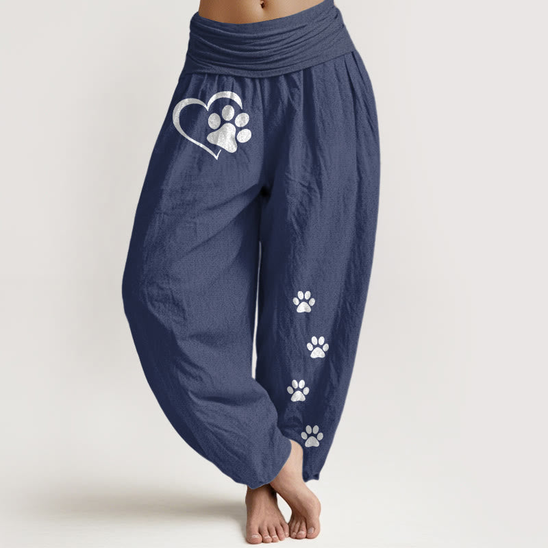 Buddha Stones Pure Cotton Concise Cat Paw Prints Heart-Shaped Pattern Women's Elastic Waist Harem Pants - DarkSlateBlue - US16,UK/AU20,EU48 (3XL) - image 8