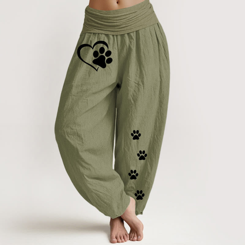 Buddha Stones Pure Cotton Concise Cat Paw Prints Heart-Shaped Pattern Women's Elastic Waist Harem Pants - OliveDrab - US16,UK/AU20,EU48 (3XL) - image 14