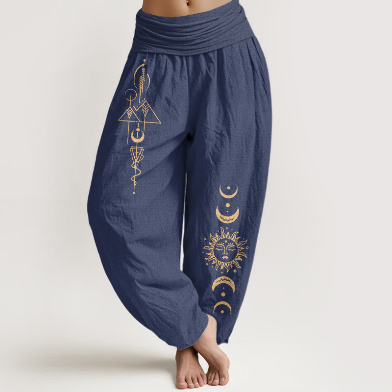 Buddha Stones Pure Cotton Concise Sun Moon Geometric Pattern Women's Elastic Waist Harem Pants - DarkSlateBlue - US16,UK/AU20,EU48 (3XL) - image 5