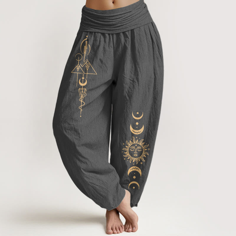 Buddha Stones Pure Cotton Concise Sun Moon Geometric Pattern Women's Elastic Waist Harem Pants - DimGray - US16,UK/AU20,EU48 (3XL) - image 8