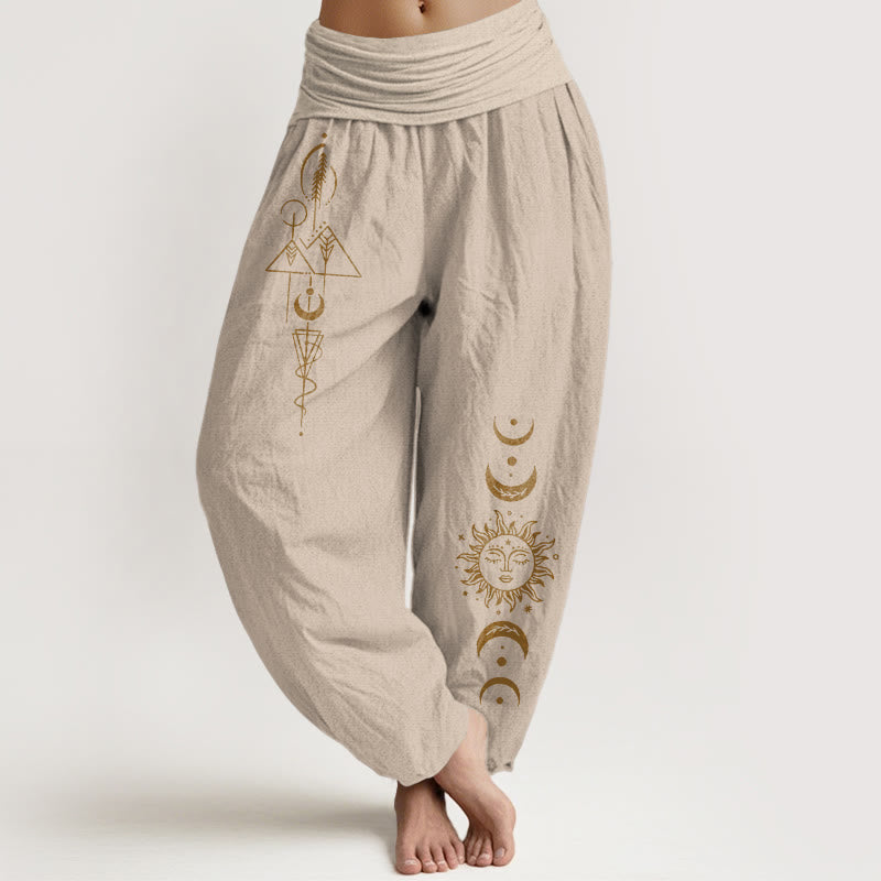 Buddha Stones Pure Cotton Concise Sun Moon Geometric Pattern Women's Elastic Waist Harem Pants - Tan - US16,UK/AU20,EU48 (3XL) - image 11