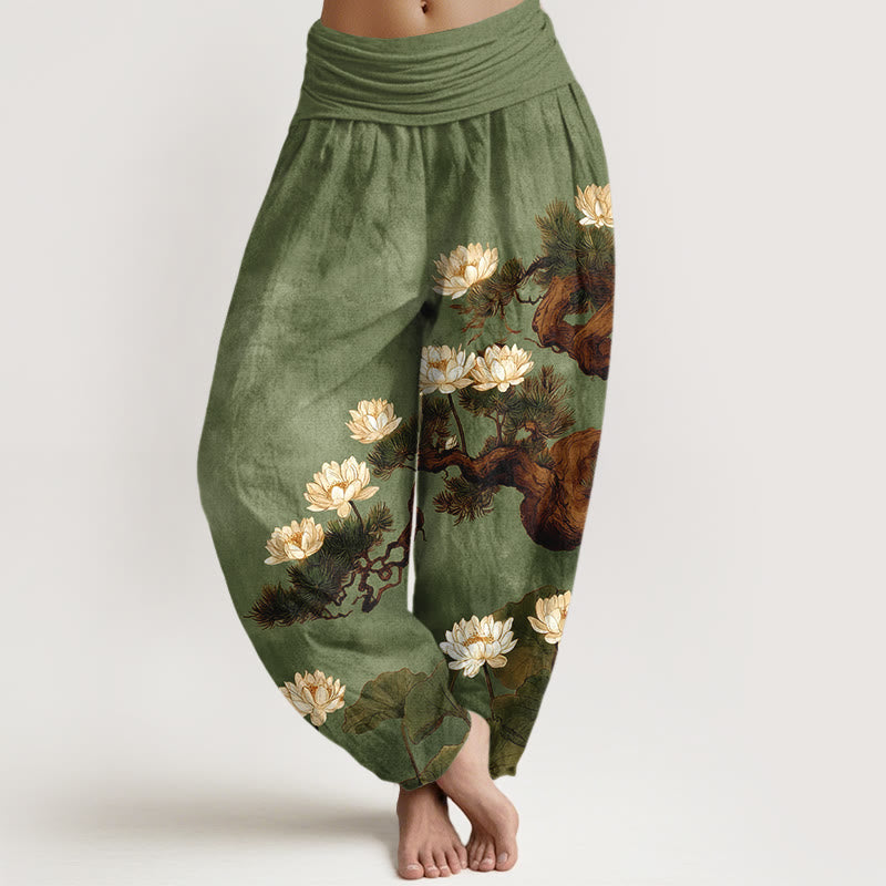 Buddha Stones Pure Cotton Elegant Pine Tree Lotus Flower Leaf Pattern Women's Elastic Waist Harem Pants - OliveDrab - US16,UK/AU20,EU48 (3XL) - image 5