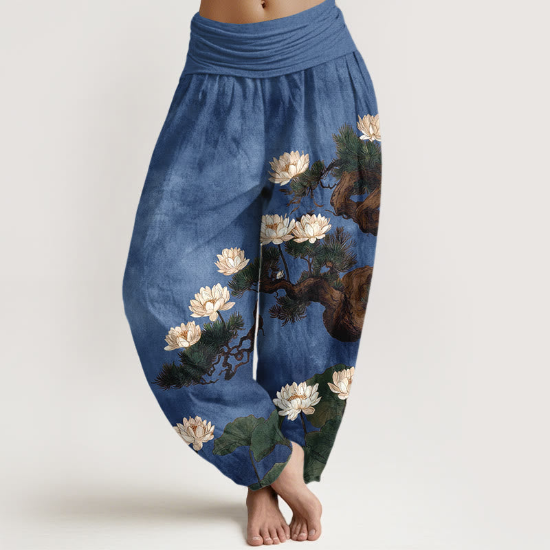 Buddha Stones Pure Cotton Elegant Pine Tree Lotus Flower Leaf Pattern Women's Elastic Waist Harem Pants - RoyalBlue - US16,UK/AU20,EU48 (3XL) - image 8