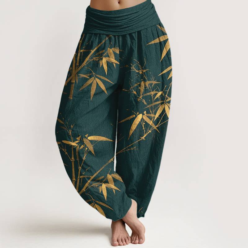 Buddha Stones Pure Cotton Classical Bamboo Pattern Women's Elastic Waist Harem Pants - Teal - US16,UK/AU20,EU48 (3XL) - image 0