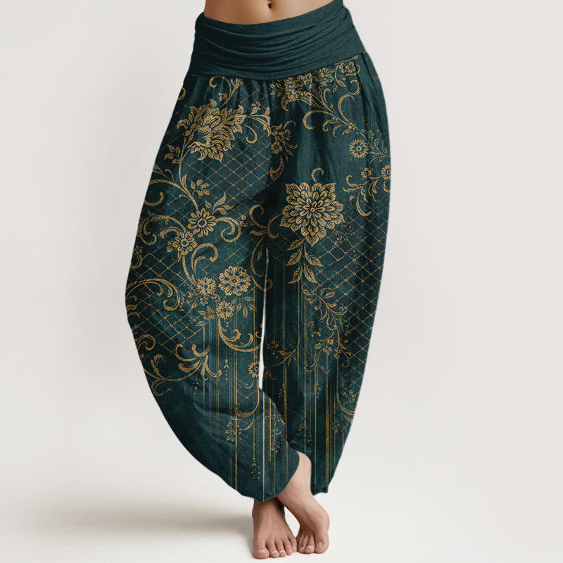 Buddha Stones Pure Cotton Classical Flower Leaf Vine Pattern Women's Elastic Waist Harem Pants - DarkGreen - US16,UK/AU20,EU48 (3XL) - image 0