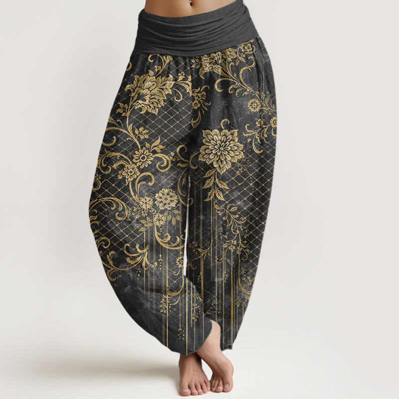 Buddha Stones Pure Cotton Classical Flower Leaf Vine Pattern Women's Elastic Waist Harem Pants - DimGray - US16,UK/AU20,EU48 (3XL) - image 5