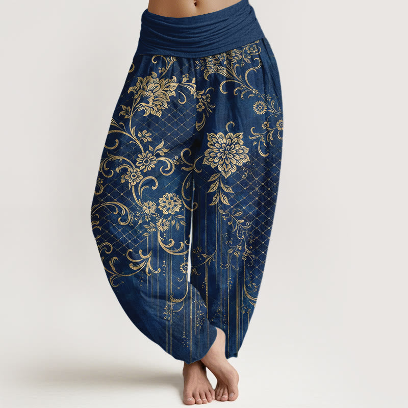 Buddha Stones Pure Cotton Classical Flower Leaf Vine Pattern Women's Elastic Waist Harem Pants - DarkBlue - US16,UK/AU20,EU48 (3XL) - image 8