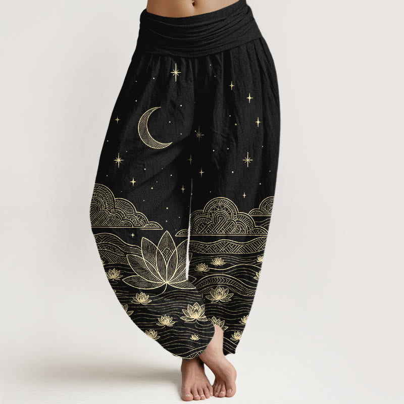 Buddha Stones Pure Cotton Elegant Moon Star Cloud Lotus Flower Water Ripple Pattern Women's Elastic Waist Harem Pants - Black - US16,UK/AU20,EU48 (3XL) - image 0