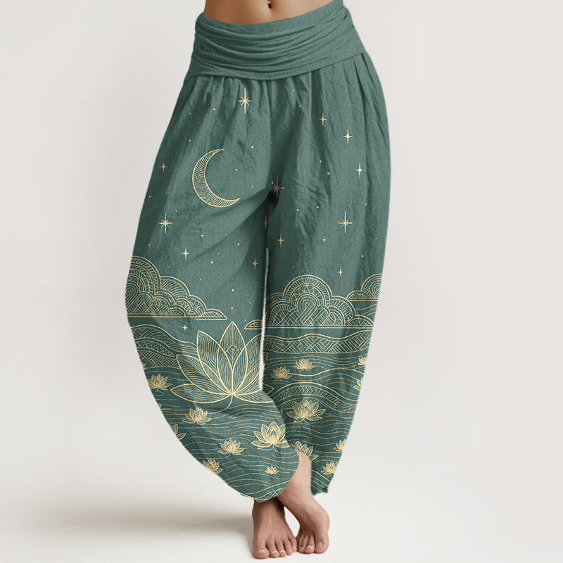 Buddha Stones Pure Cotton Elegant Moon Star Cloud Lotus Flower Water Ripple Pattern Women's Elastic Waist Harem Pants - LightSeaGreen - US16,UK/AU20,EU48 (3XL) - image 5