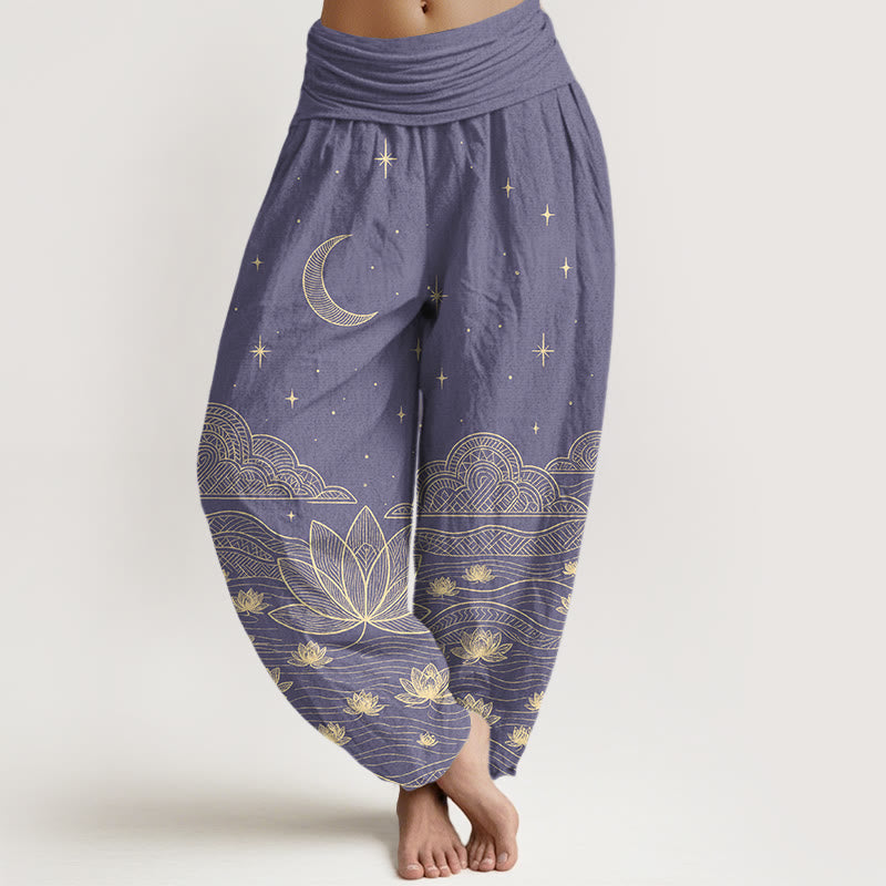 Buddha Stones Pure Cotton Elegant Moon Star Cloud Lotus Flower Water Ripple Pattern Women's Elastic Waist Harem Pants - MediumPurple - US16,UK/AU20,EU48 (3XL) - image 8