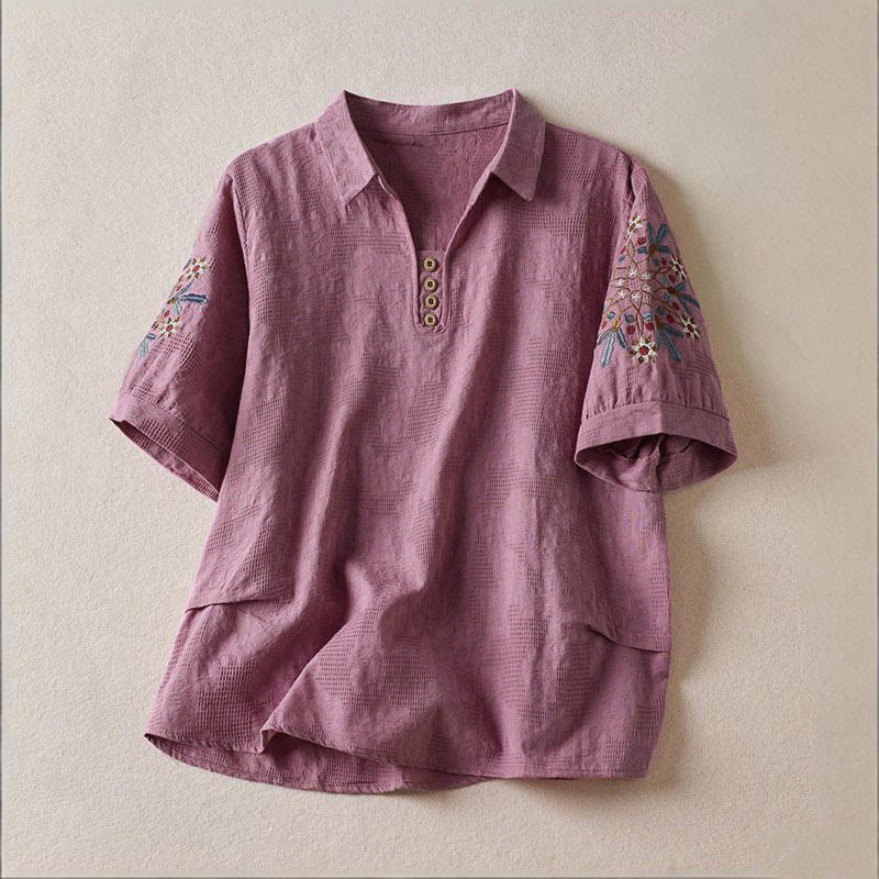 Buddha Stones Casual Floral Pattern Lapel Women's Cotton T-shirt - MediumOrchid - US12,UK/AU16,EU44 (3XL) - image 0