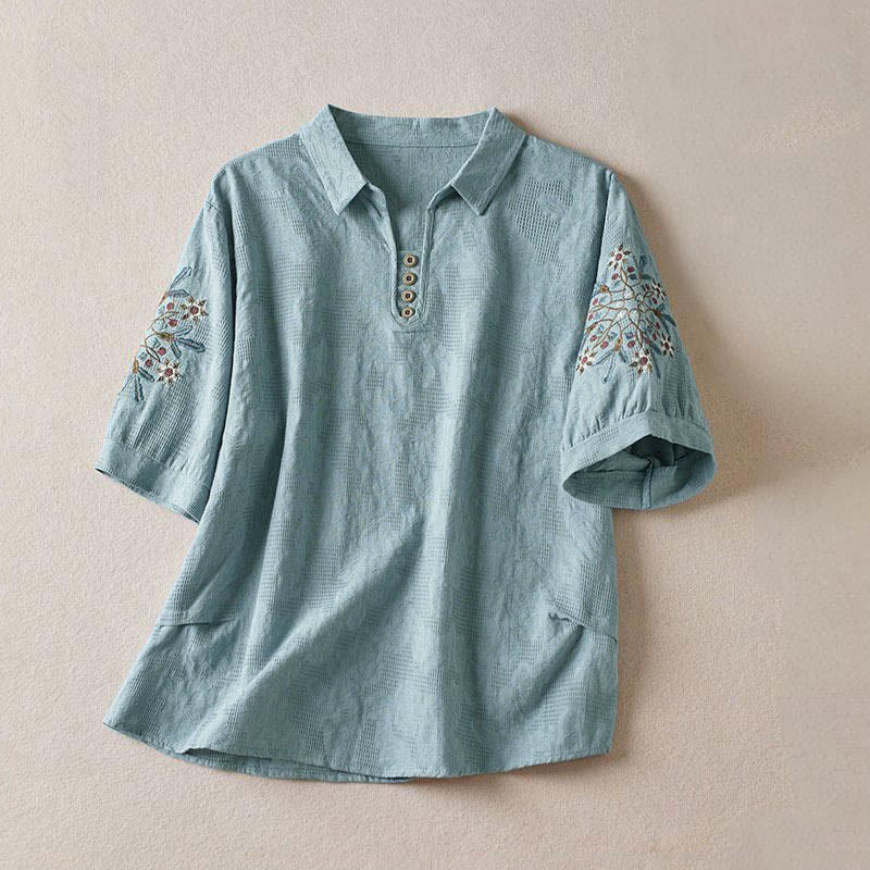 Buddha Stones Casual Floral Pattern Lapel Women's Cotton T-shirt - SkyBlue - US12,UK/AU16,EU44 (3XL) - image 8