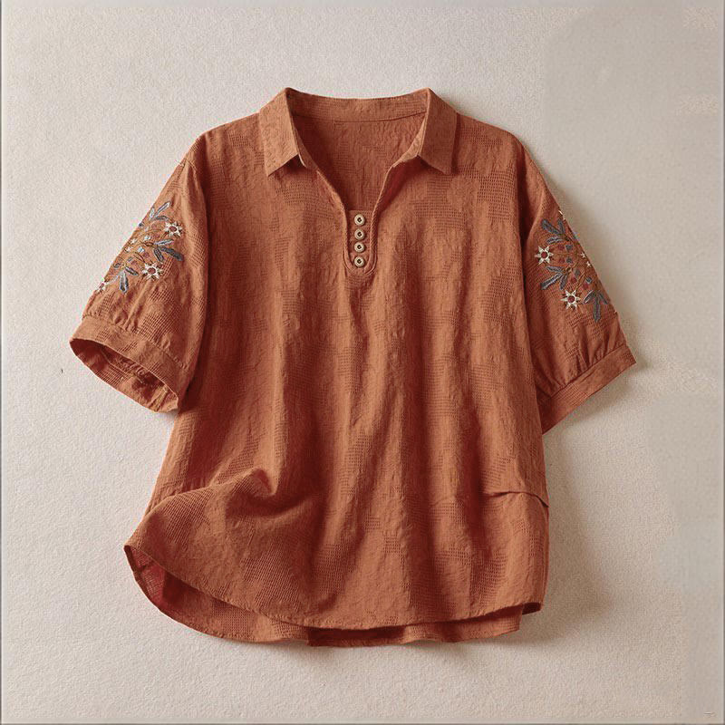 Buddha Stones Casual Floral Pattern Lapel Women's Cotton T-shirt - Chocolate - US12,UK/AU16,EU44 (3XL) - image 15