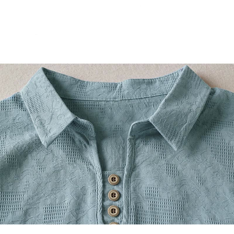 Buddha Stones Casual Floral Pattern Lapel Women's Cotton T-shirt - image 14