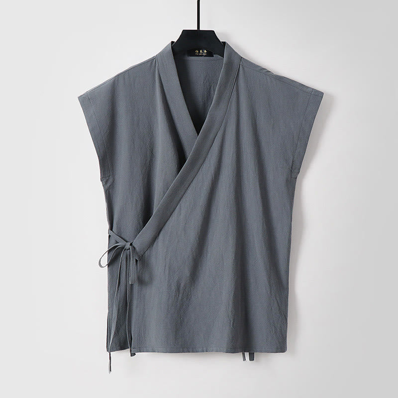 Buddha Stones Summer Solid Color V-Neck Sleeveless Men's Cotton Linen Vest - Gray - US/UK/AU56,EU66 (9XL) - image 0