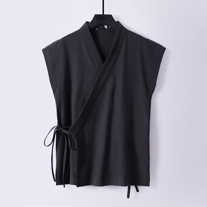 Buddha Stones Summer Solid Color V-Neck Sleeveless Men's Cotton Linen Vest - Black - US/UK/AU56,EU66 (9XL) - image 4