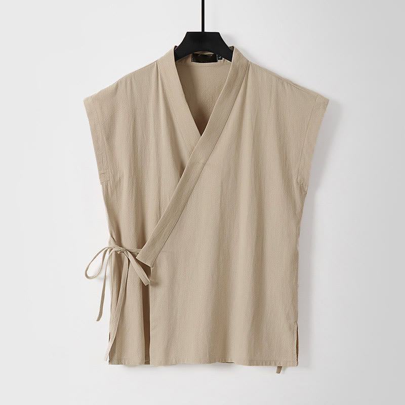 Buddha Stones Summer Solid Color V-Neck Sleeveless Men's Cotton Linen Vest - Wheat - US/UK/AU56,EU66 (9XL) - image 6