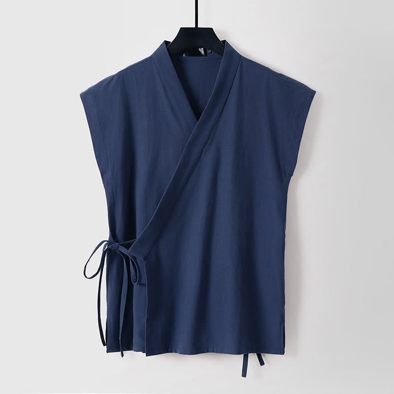 Buddha Stones Summer Solid Color V-Neck Sleeveless Men's Cotton Linen Vest - Navy - US/UK/AU56,EU66 (9XL) - image 15
