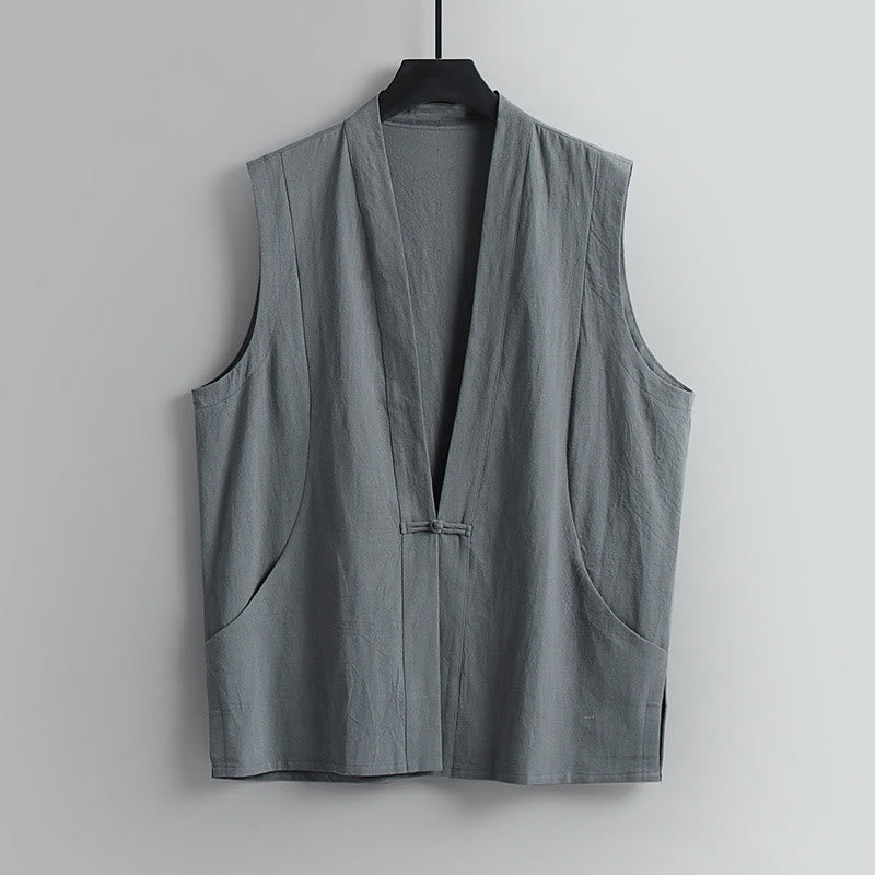 Buddha Stones Summer Solid Color V-Neck Frog-Button Sleeveless Men's Cotton Linen Vest - Gray - US/UK/AU54,EU64 (9XL) - image 1