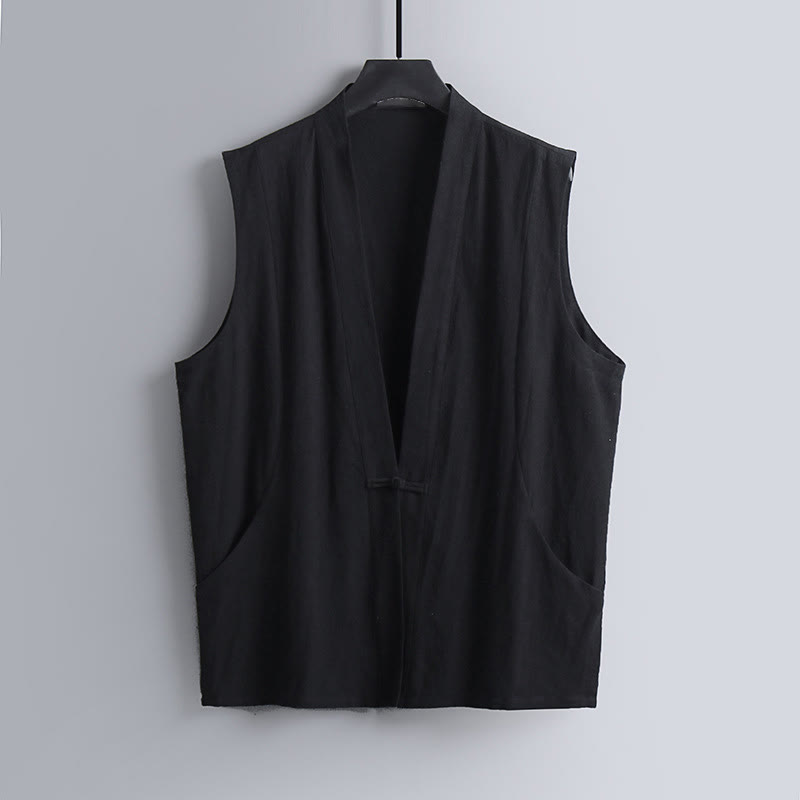 Buddha Stones Summer Solid Color V-Neck Frog-Button Sleeveless Men's Cotton Linen Vest - Black - US/UK/AU54,EU64 (9XL) - image 9