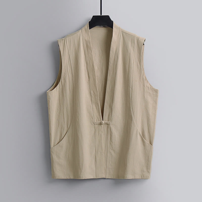 Buddha Stones Summer Solid Color V-Neck Frog-Button Sleeveless Men's Cotton Linen Vest - Wheat - US/UK/AU54,EU64 (9XL) - image 10