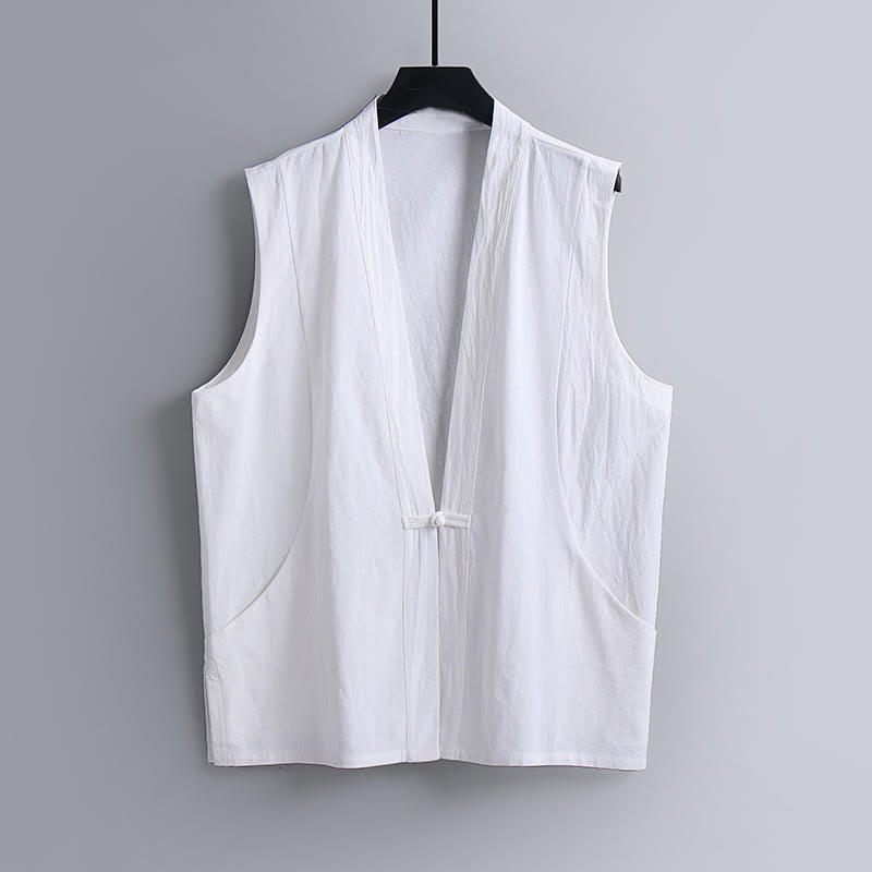 Buddha Stones Summer Solid Color V-Neck Frog-Button Sleeveless Men's Cotton Linen Vest - White - US/UK/AU54,EU64 (9XL) - image 11