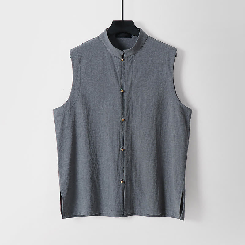 Buddha Stones Summer Solid Color Stand Collar Men's Cotton Linen Sleeveless Vest - Gray - US/UK/AU54,EU64 (9XL) - image 0