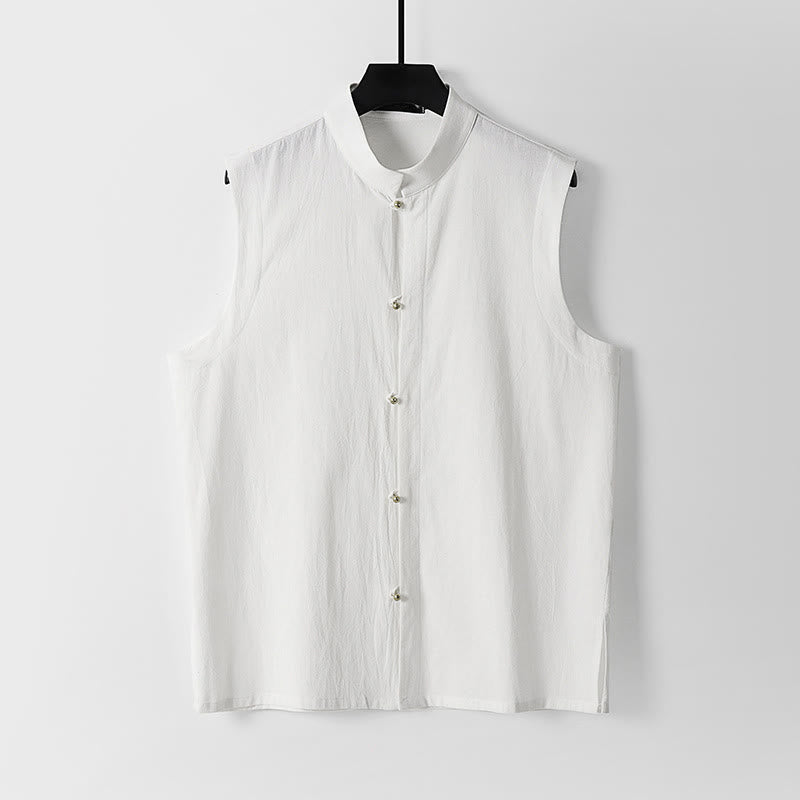 Buddha Stones Summer Solid Color Stand Collar Men's Cotton Linen Sleeveless Vest - White - US/UK/AU54,EU64 (9XL) - image 2