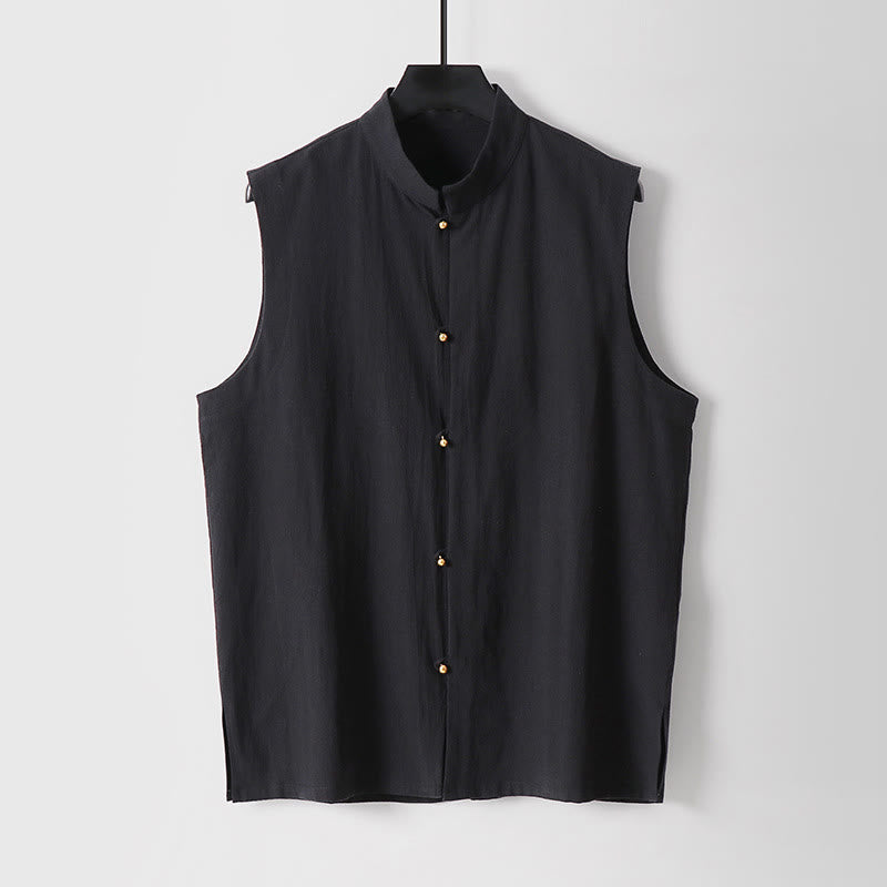 Buddha Stones Summer Solid Color Stand Collar Men's Cotton Linen Sleeveless Vest - Black - US/UK/AU54,EU64 (9XL) - image 4