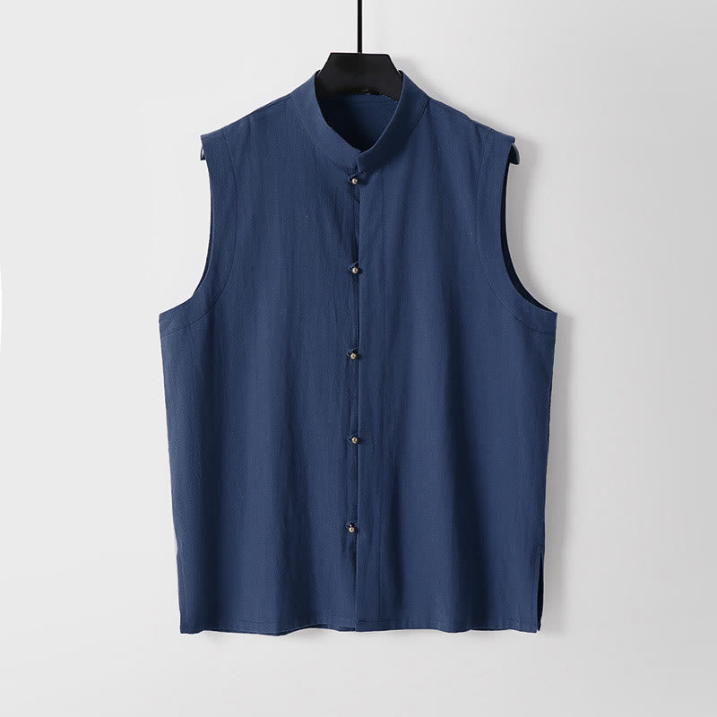 Buddha Stones Summer Solid Color Stand Collar Men's Cotton Linen Sleeveless Vest - Navy - US/UK/AU54,EU64 (9XL) - image 14