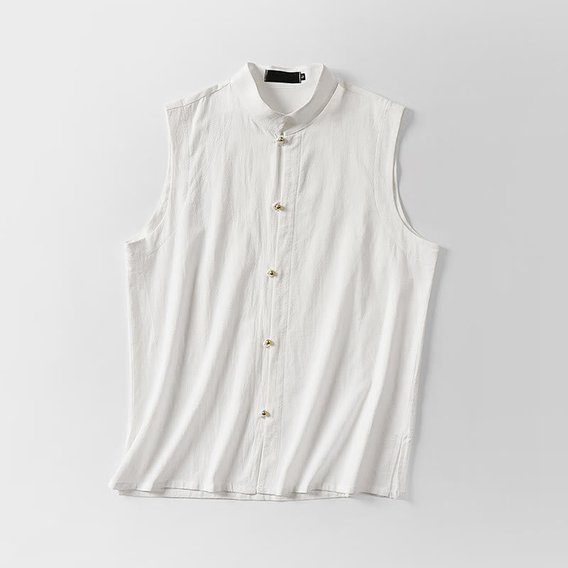Buddha Stones Summer Solid Color Stand Collar Men's Cotton Linen Sleeveless Vest - image 3