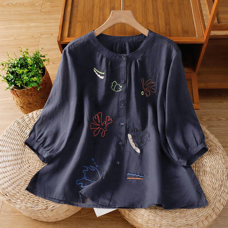 Buddha Stones Coral Gourd Pattern Crew Neck Half Sleeve Women's Polyester Shirt - MidnightBlue - US8-10,UK/AU12-14,EU40-42 (2XL) - image 0