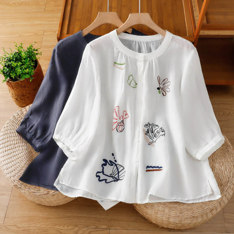 Buddha Stones Coral Gourd Pattern Crew Neck Half Sleeve Women's Polyester Shirt - image 18