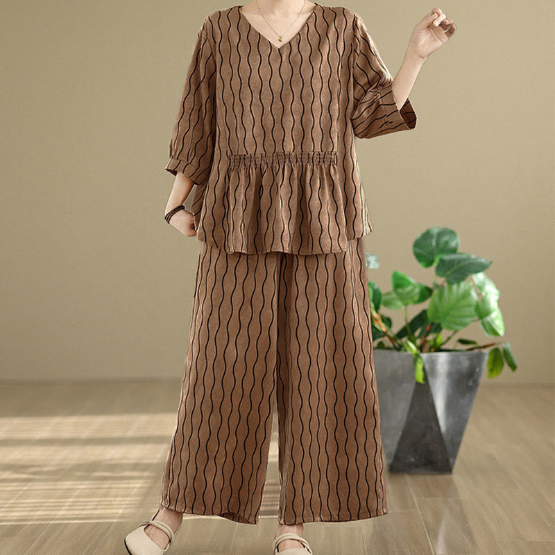 Buddha Stones 2pcs Striped Pattern Short Sleeve Shirt Polyester 7 Length Harem Pants Set With Pocket - Peru - US12,UK/AU16,EU44 (3XL) - image 0