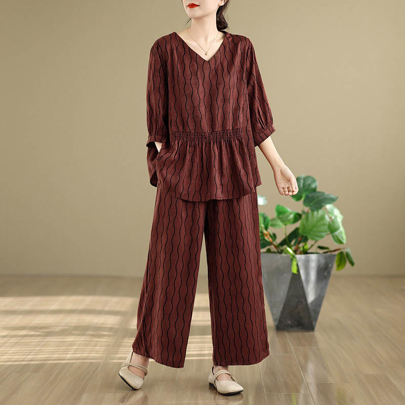 Buddha Stones 2pcs Striped Pattern Short Sleeve Shirt Polyester 7 Length Harem Pants Set With Pocket - DarkRed - US12,UK/AU16,EU44 (3XL) - image 22