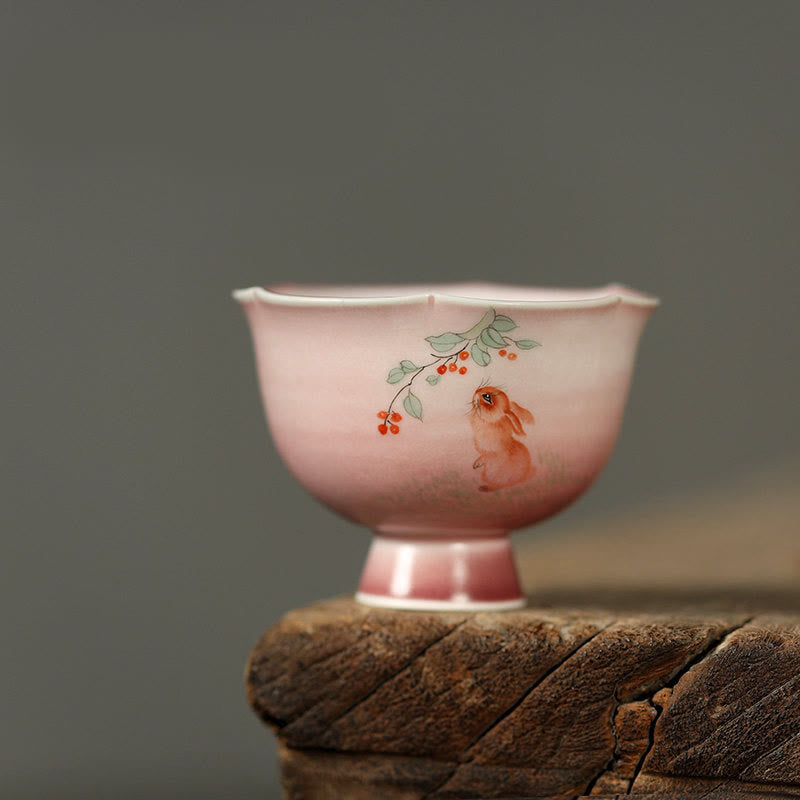 Buddha Stones Hand-painted Rabbit Orchid Flower Begonia Ceramic Teacup Kung Fu Tea Cup 75ml - Rabbit Leaping Flower 7.3cm*5.5cm*75ml - image 1