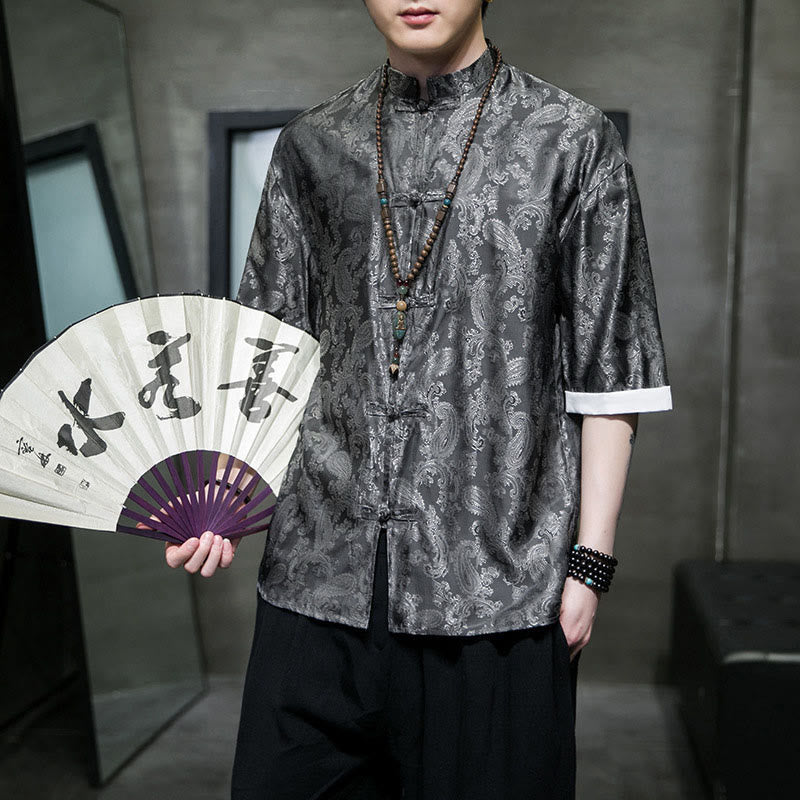 Buddha Stones Summer Cashew Flowers Pattern Men's Frog-Button Half Sleeve Shirts - Gray - US/UK/AU46,EU56 (5XL) - image 0