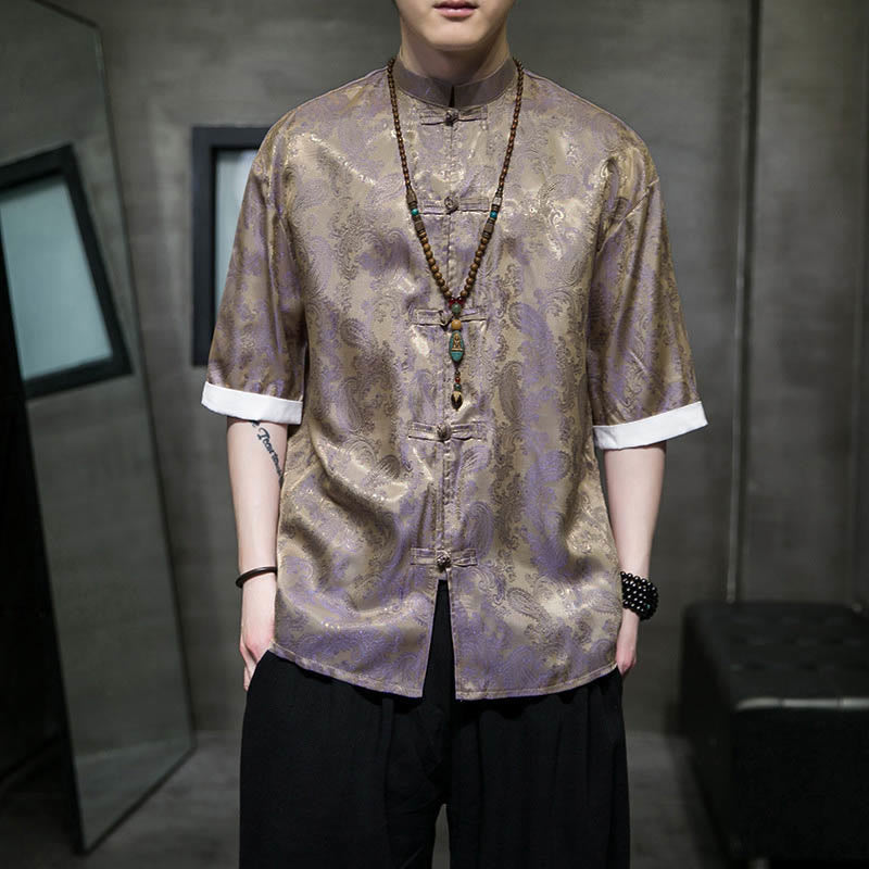 Buddha Stones Summer Cashew Flowers Pattern Men's Frog-Button Half Sleeve Shirts - Tan - US/UK/AU46,EU56 (5XL) - image 39