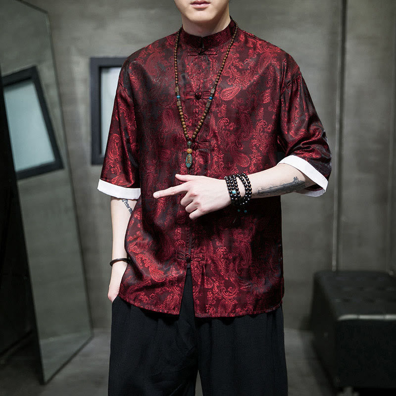 Buddha Stones Summer Cashew Flowers Pattern Men's Frog-Button Half Sleeve Shirts - Maroon - US/UK/AU46,EU56 (5XL) - image 19