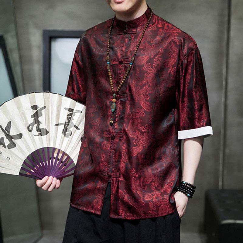Buddha Stones Summer Cashew Flowers Pattern Men's Frog-Button Half Sleeve Shirts - image 20