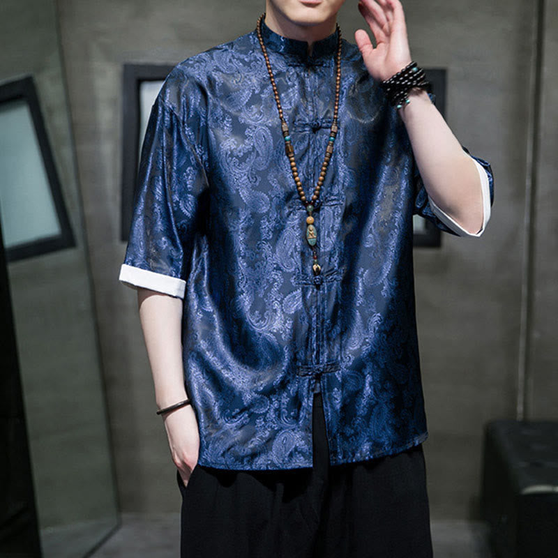 Buddha Stones Summer Cashew Flowers Pattern Men's Frog-Button Half Sleeve Shirts - image 29