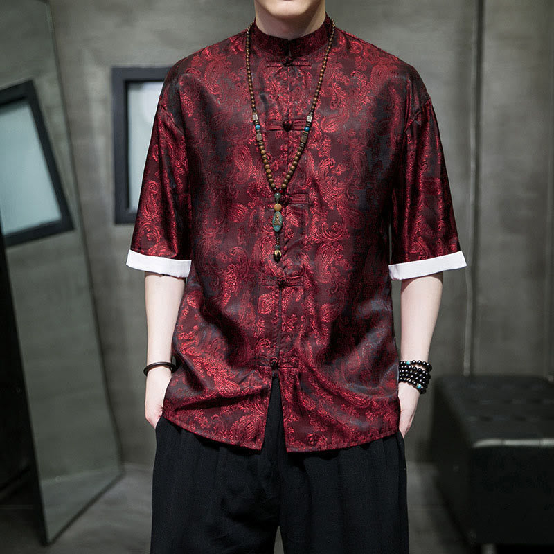 Buddha Stones Summer Cashew Flowers Pattern Men's Frog-Button Half Sleeve Shirts - image 25