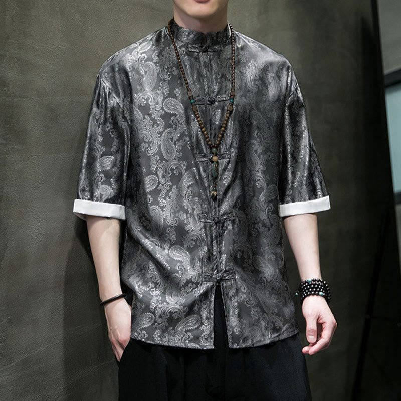 Buddha Stones Summer Cashew Flowers Pattern Men's Frog-Button Half Sleeve Shirts - image 5