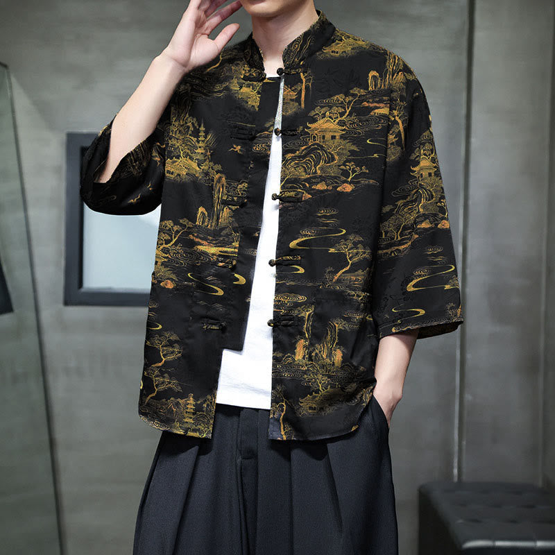 Buddha Stones Spring Frog-Button Dragon Mountain Flower Three Quarter Sleeve Tang Suit Men's Shirt With Pockets - Black - US/UK/AU44,EU54 (5XL) - image 29