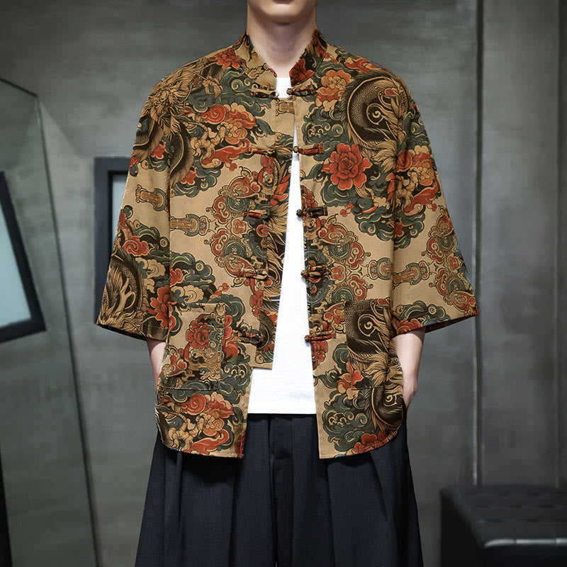 Buddha Stones Spring Frog-Button Dragon Mountain Flower Three Quarter Sleeve Tang Suit Men's Shirt With Pockets - Bisque - US/UK/AU44,EU54 (5XL) - image 10