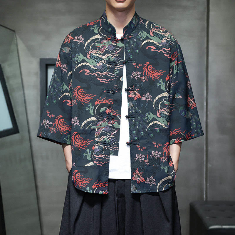 Buddha Stones Spring Frog-Button Dragon Mountain Flower Three Quarter Sleeve Tang Suit Men's Shirt With Pockets - MidnightBlue - US/UK/AU44,EU54 (5XL) - image 19