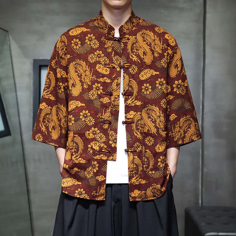 Buddha Stones Spring Frog-Button Dragon Mountain Flower Three Quarter Sleeve Tang Suit Men's Shirt With Pockets - Peru - US/UK/AU44,EU54 (5XL) - image 0