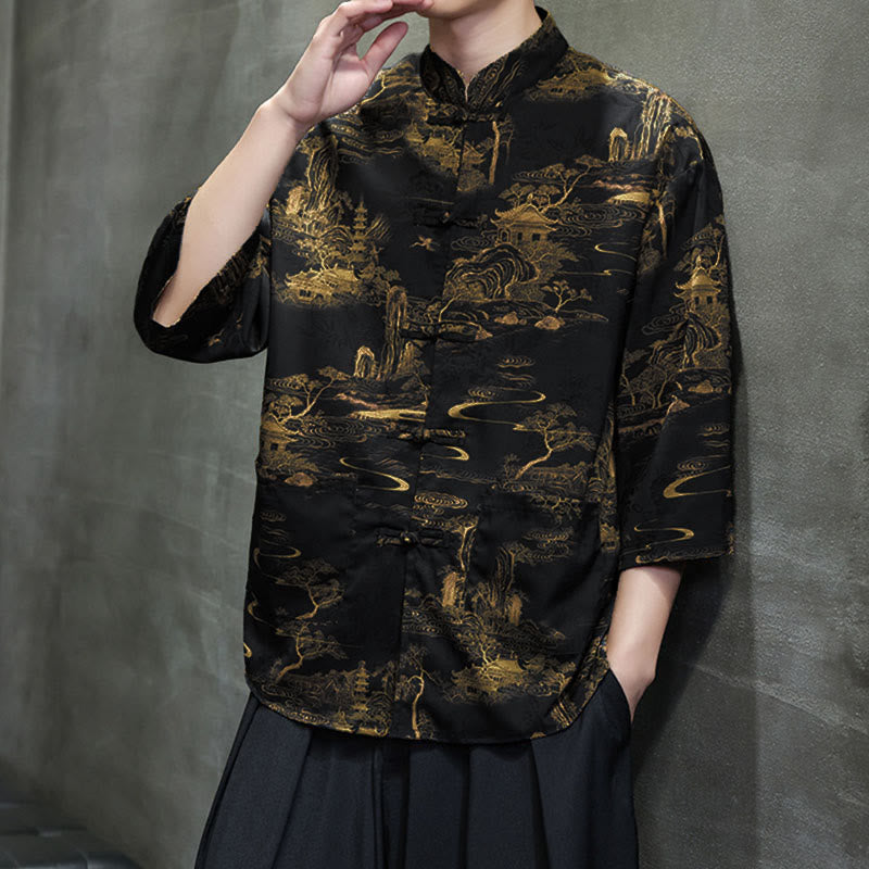Buddha Stones Spring Frog-Button Dragon Mountain Flower Three Quarter Sleeve Tang Suit Men's Shirt With Pockets - image 33