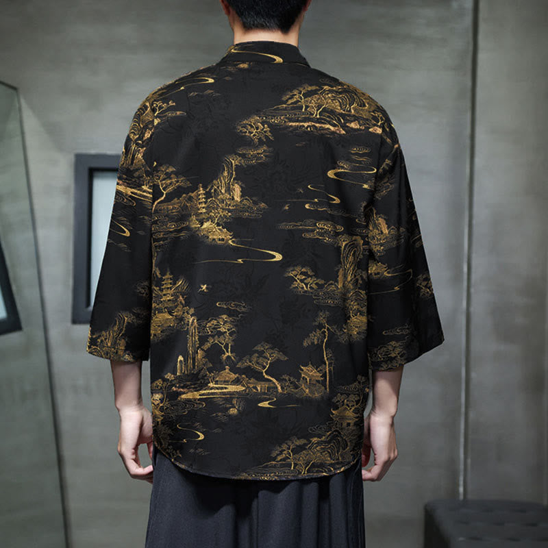 Buddha Stones Spring Frog-Button Dragon Mountain Flower Three Quarter Sleeve Tang Suit Men's Shirt With Pockets - image 31
