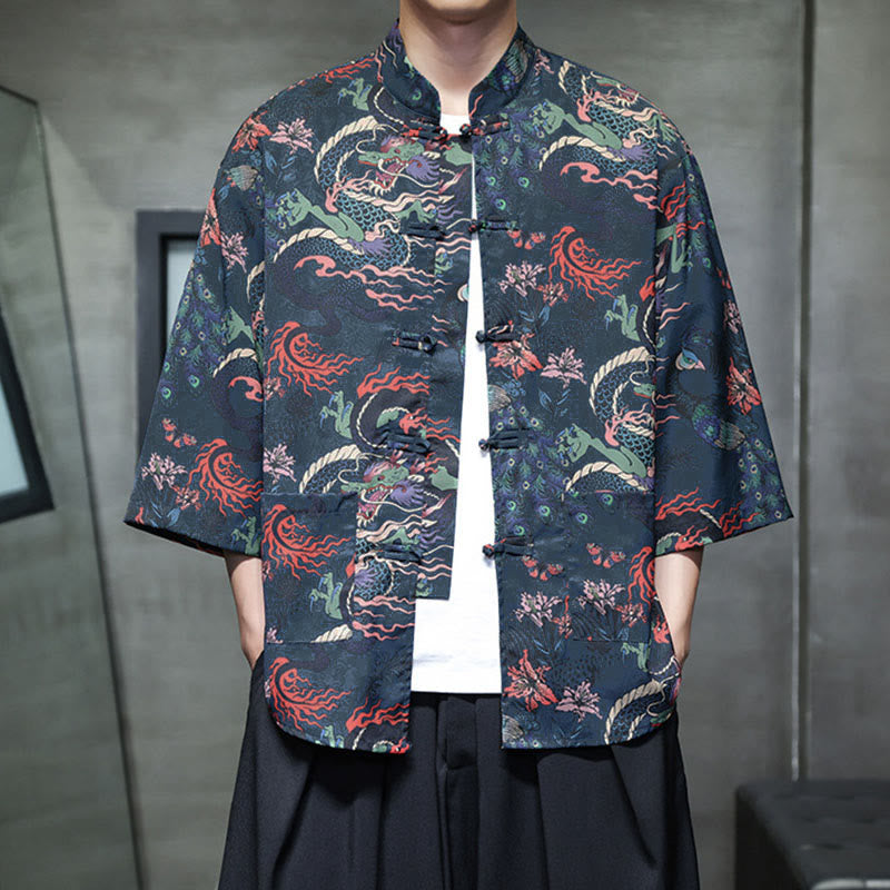 Buddha Stones Spring Frog-Button Dragon Mountain Flower Three Quarter Sleeve Tang Suit Men's Shirt With Pockets - image 21